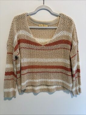 Beige Striped V-Neck Open-Knit Sweater with Rust Accents